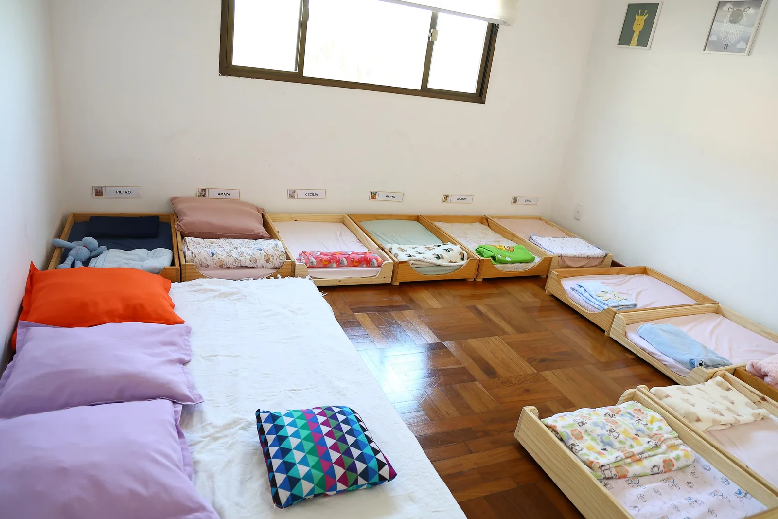 Ambiente de descanso da Sabiá-Laranjeira com colchonetes organizados.